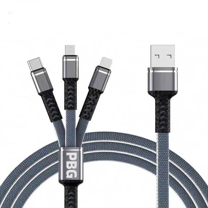 Grey PBG 3-in-1 USB Charging Cable Mesh - USB-C/Micro USB/iPhone