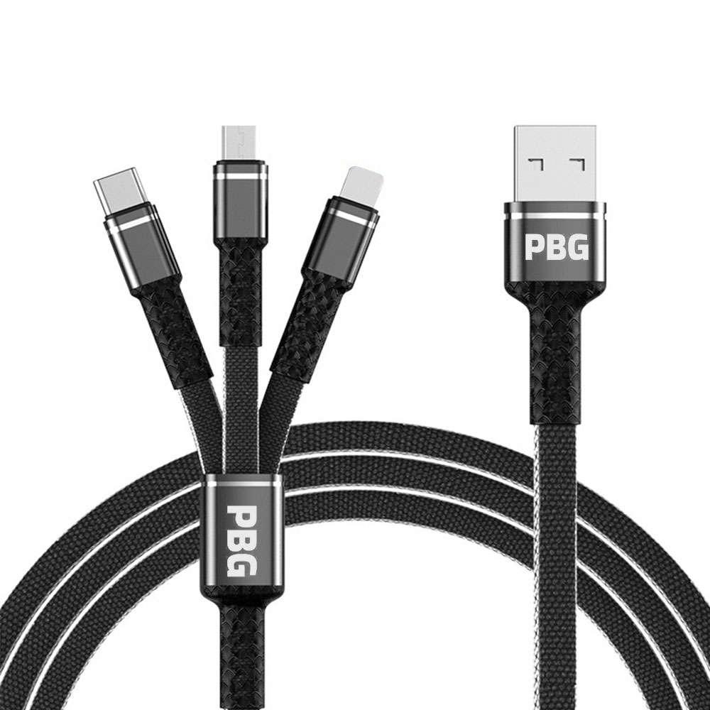 Black PBG 3-in-1 USB Charging Cable Mesh - USB-C/Micro USB/iPhone