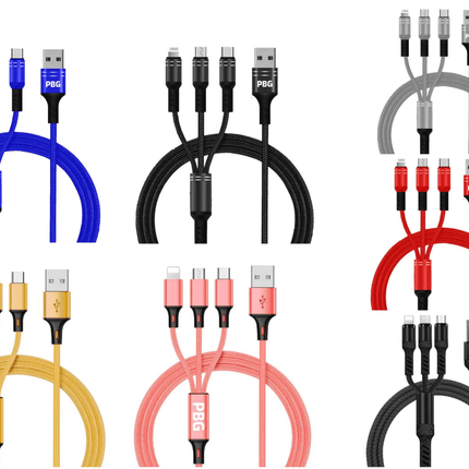 PBG 3-in-1 Fast Charging Cable - Nylon Braided, USB C/Micro USB/iPhone