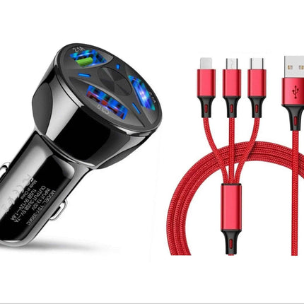 3-Port LED Fast Car Charger & 3-in-1 Fast Charging Cable Combo