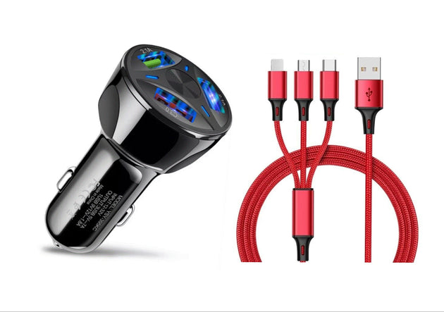 Red Fast Car Charger 3-Port with 3-in-1 Fast Charging Cable
