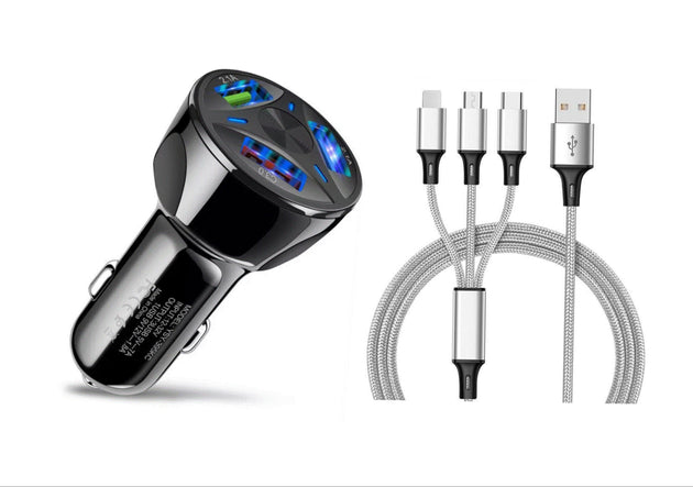 Silver LED Fast Car Charger 3-Port | Fast 3 in 1 charging cable