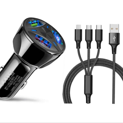 3-Port LED Fast Car Charger & 3-in-1 Fast Charging Cable Combo