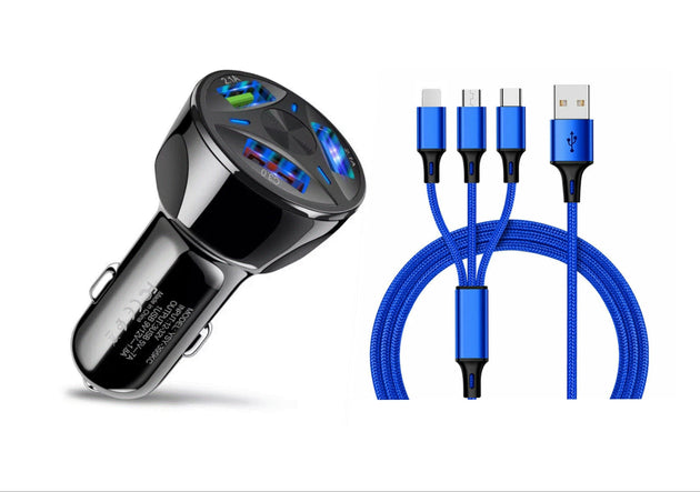 Blue 3 in 1 USB fast charging cable with 3-Port LED Fast Car Charger