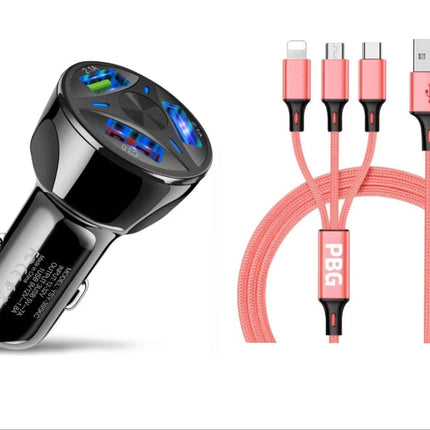 3-Port LED Fast Car Charger & 3-in-1 Fast Charging Cable Combo
