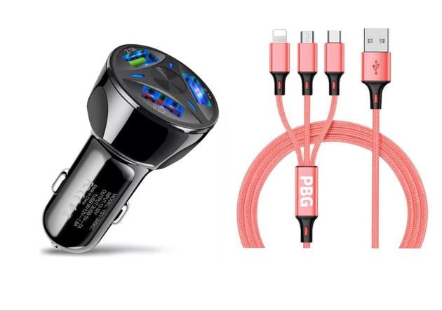 Pink 3 in 1 USB fast charging cable with 3 port Phone charger for car