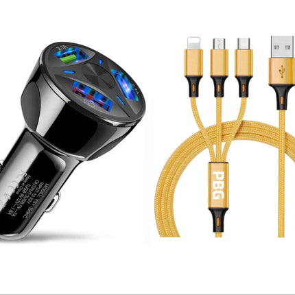 3-Port LED Fast Car Charger & 3-in-1 Fast Charging Cable Combo