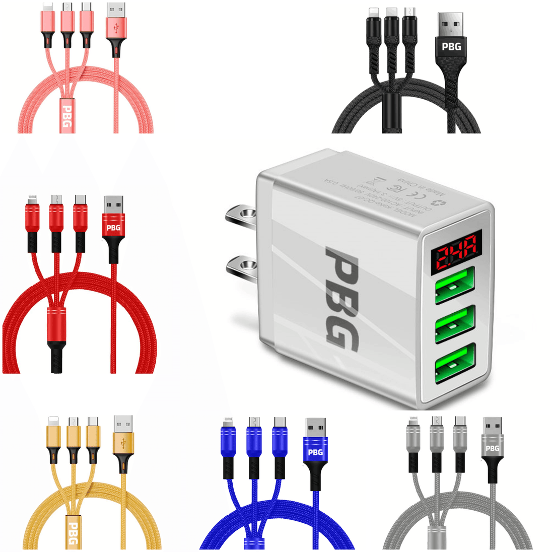 PBG 3 port LED Display Wall Charger and 3 in 1 Cable Bundle Black - PremiumBrandGoods