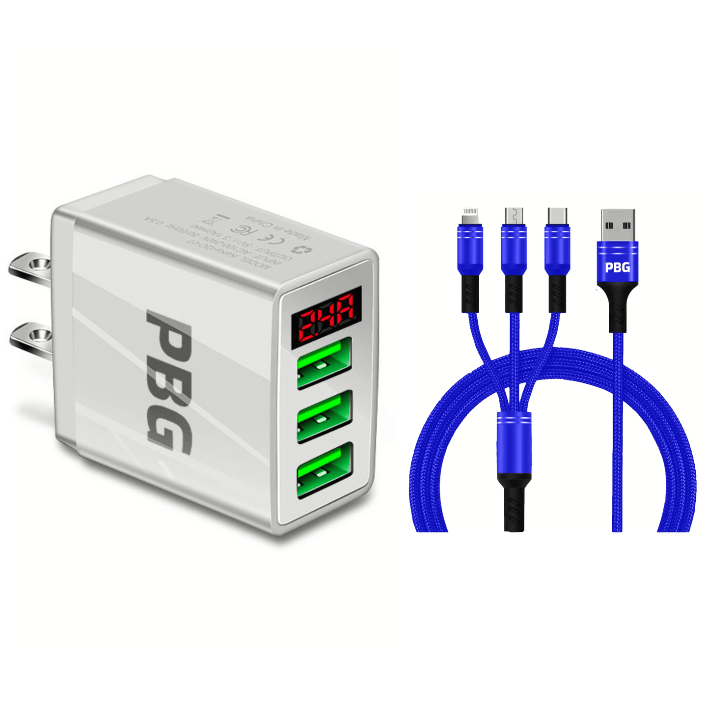 PBG 3 port LED Display Wall Charger and 3 in 1 Cable Bundle Blue - PremiumBrandGoods