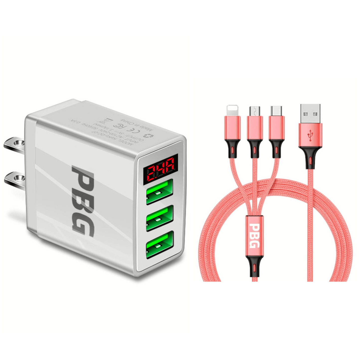 PBG 3 port LED Display Wall Charger and 3 in 1 Cable Bundle Pink - PremiumBrandGoods