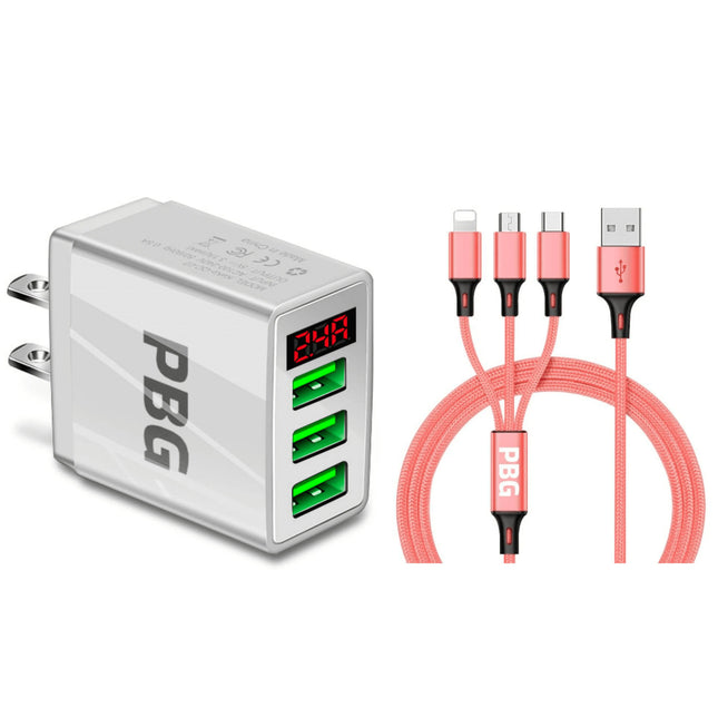 PBG 3 port LED Display Wall Charger and 3 in 1 Cable Bundle Pink - PremiumBrandGoods