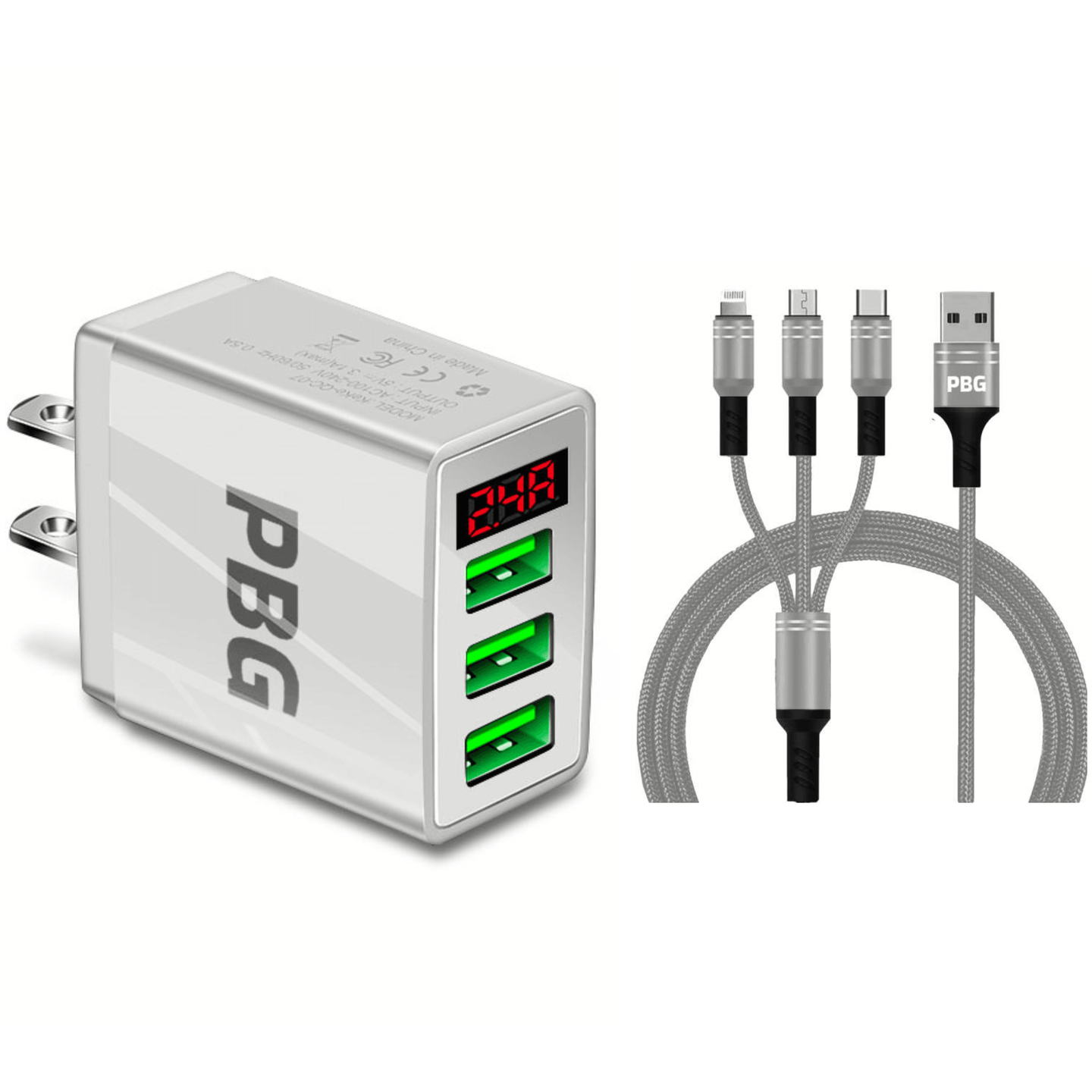 PBG 3 port LED Display Wall Charger and 3 in 1 Cable Bundle - PremiumBrandGoods