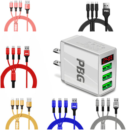 PBG 3 port LED Display Wall Charger and 3 in 1 Cable Bundle Red - PremiumBrandGoods