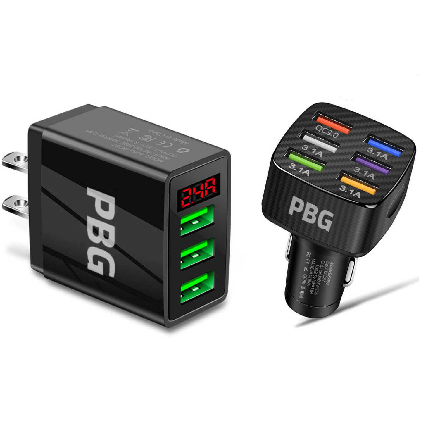 PBG 3 Port LED Voltage Wall Charger and 6 Port Car Charger Black/Black - PremiumBrandGoods