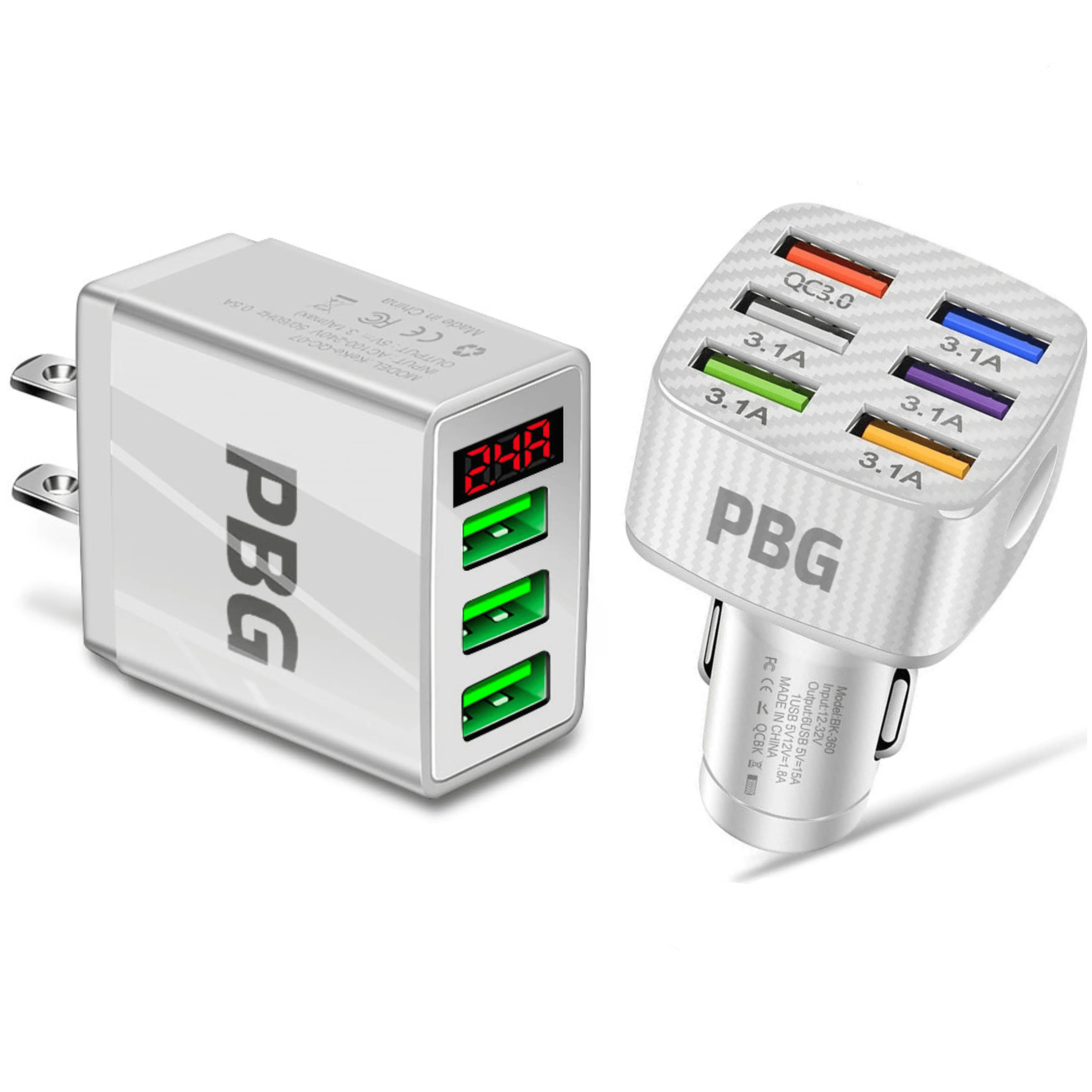 PBG 3 Port LED Voltage Wall Charger and 6 Port Car Charger White/White - PremiumBrandGoods