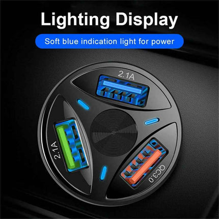 Fast 7A 3-Port USB Car Charger with QC 3.0 & LED - Black/White
