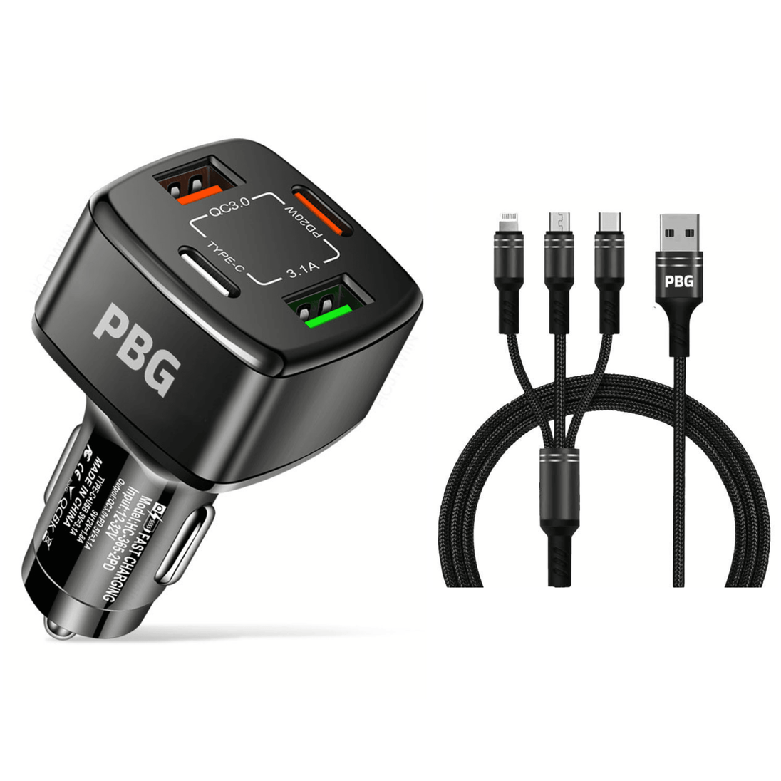 PBG 4 Port Car Charger and 4FT - 3 in 1 Nylon Cable Combo Black - PremiumBrandGoods