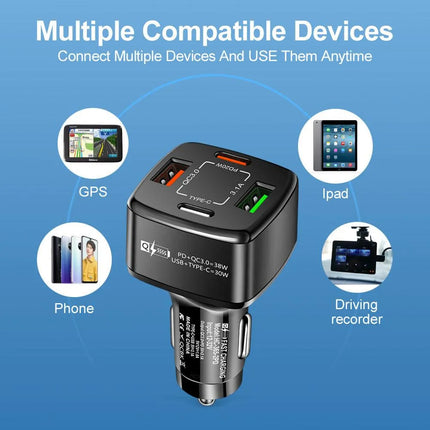 PBG 4 Port Car Charger and 4FT - 3 in 1 Nylon Cable Combo Blue - PremiumBrandGoods