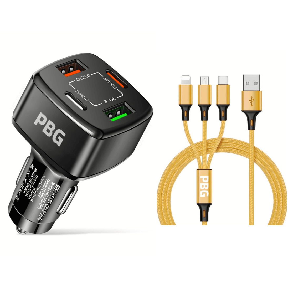 PBG 4 Port Car Charger and 4FT - 3 in 1 Nylon Cable Combo Gold - PremiumBrandGoods