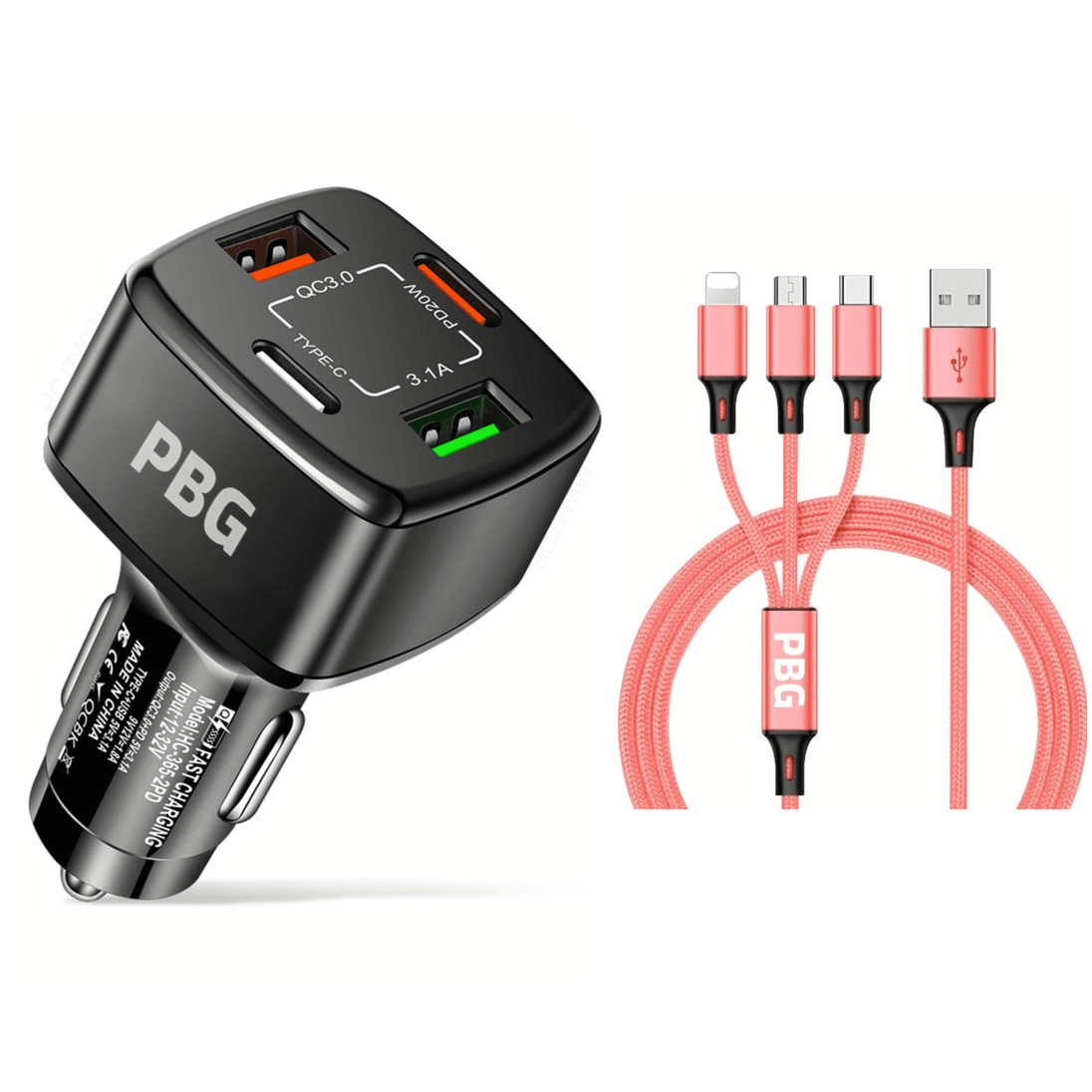 PBG 4 Port Car Charger and 4FT - 3 in 1 Nylon Cable Combo Pink - PremiumBrandGoods