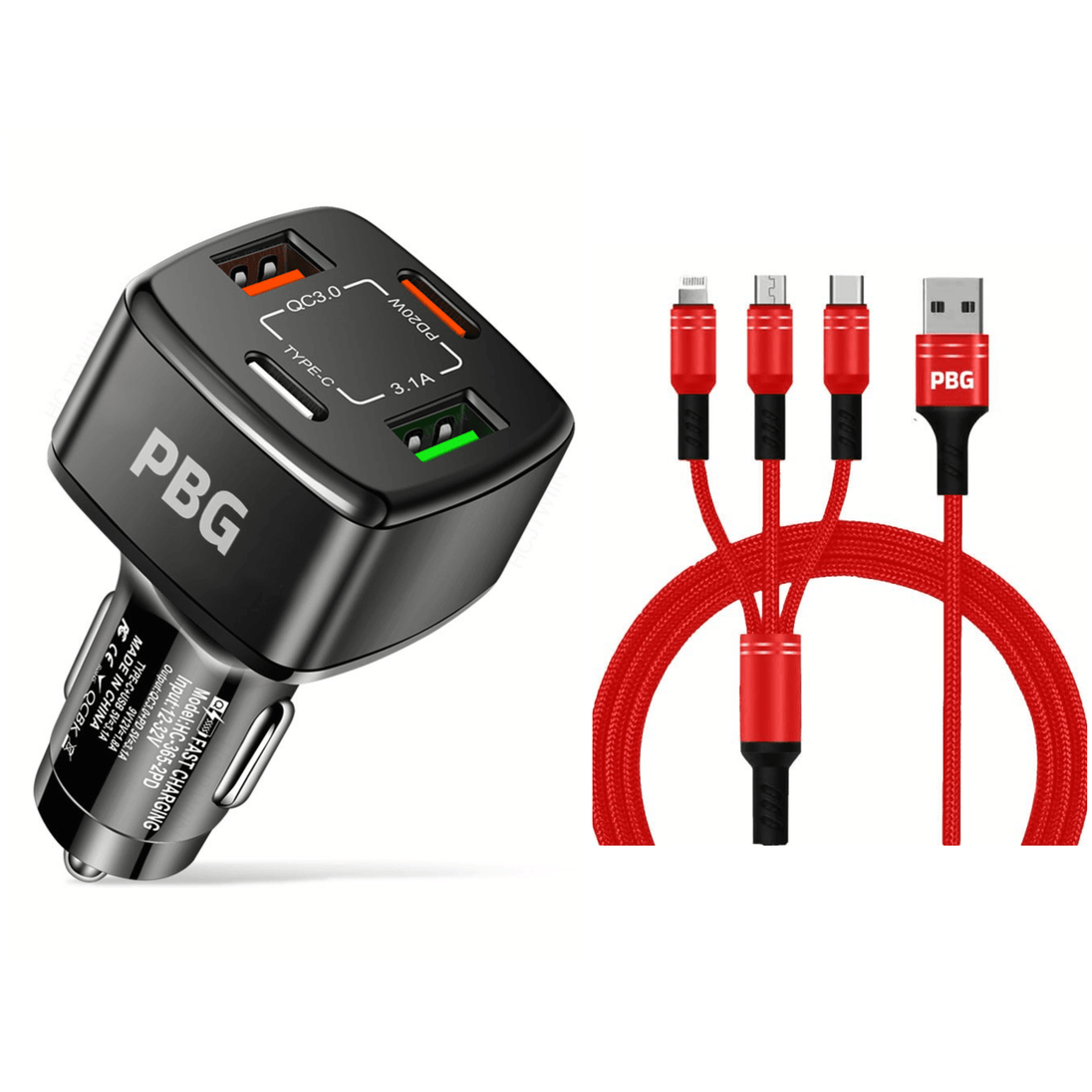 PBG 4 Port Car Charger and 4FT - 3 in 1 Nylon Cable Combo Red - PremiumBrandGoods