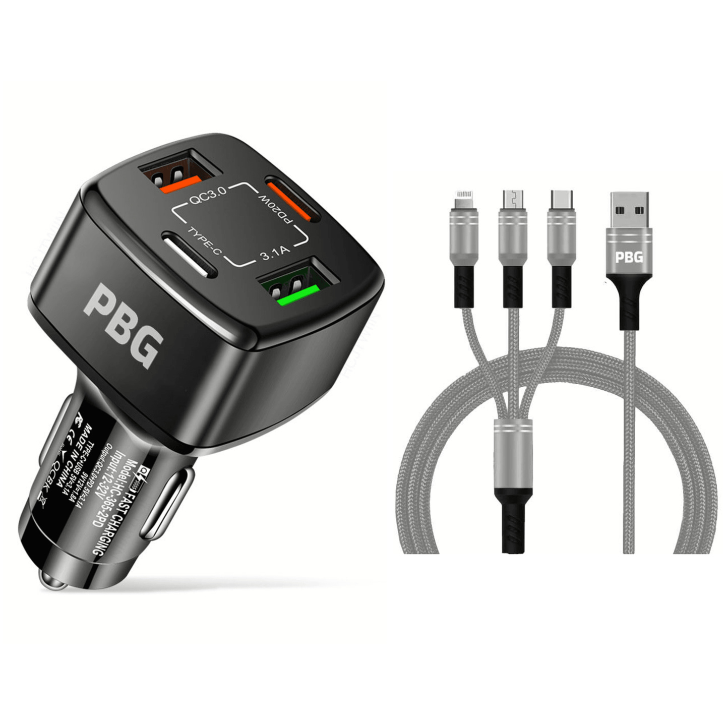 PBG 4 Port Car Charger and 4FT - 3 in 1 Nylon Cable Combo Silver - PremiumBrandGoods