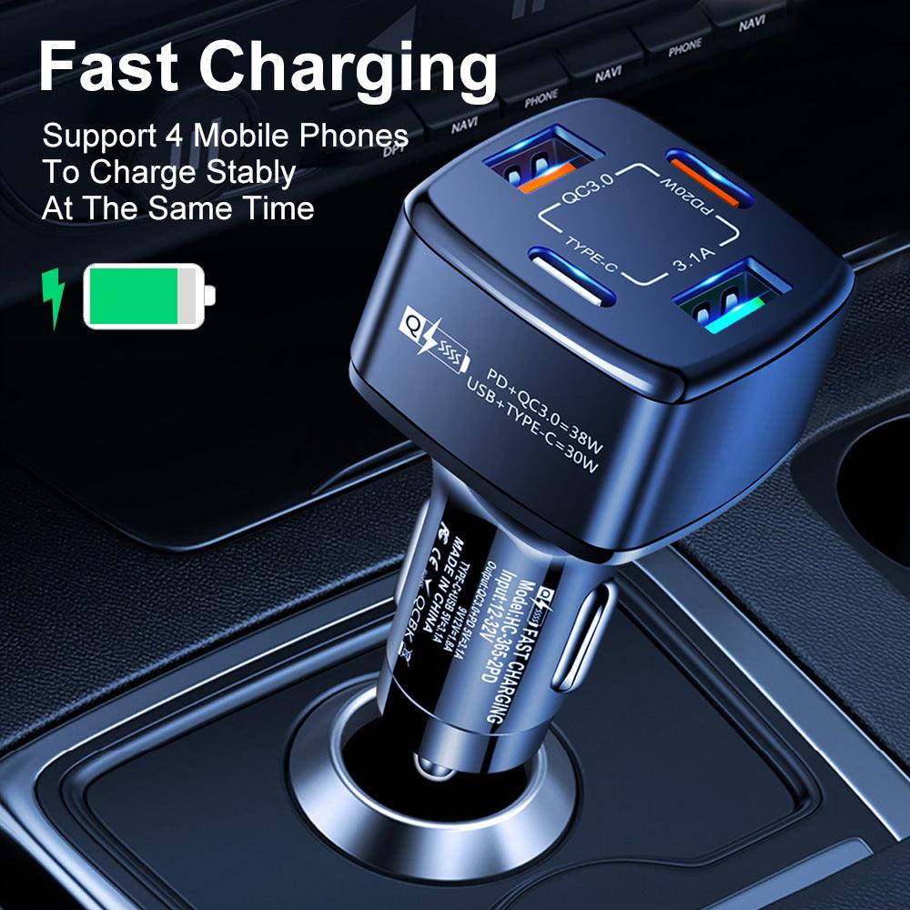 PBG 4 Port Car Charger and 4FT - 3 in 1 Nylon Cable Combo Silver - PremiumBrandGoods