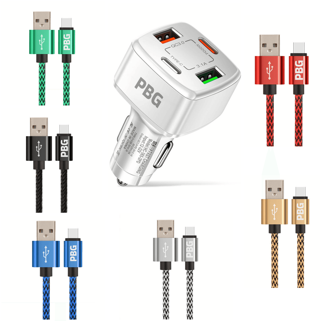 Multi color iPhone fast charging cable with 4 port led car charger PD with Quick charge 3.0