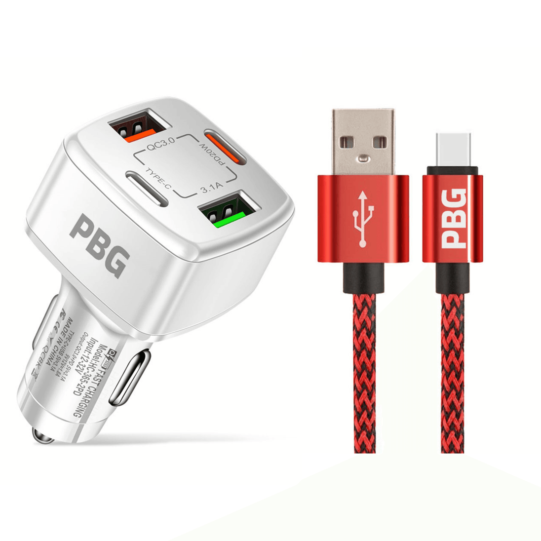 PBG 4 Port PD/USB Car Charger and 10FT Zebra Style Charger Compatible for Iphone Cable Bundle - PremiumBrandGoods