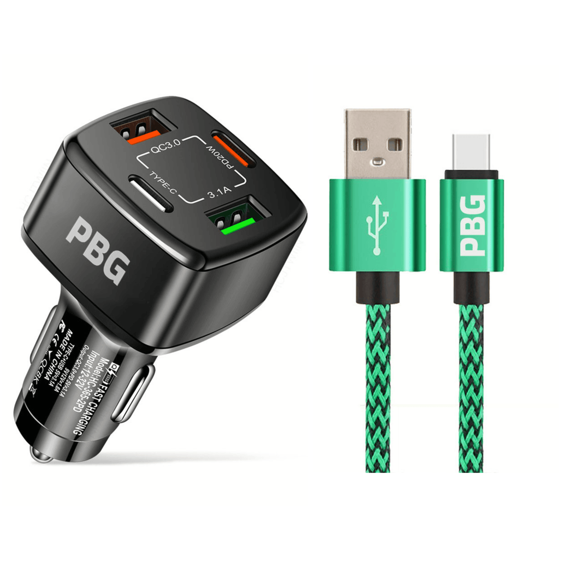 PBG 4 Port PD/USB Car Charger and 10FT Zebra Style Charger Compatible for Iphone Cable Bundle - PremiumBrandGoods
