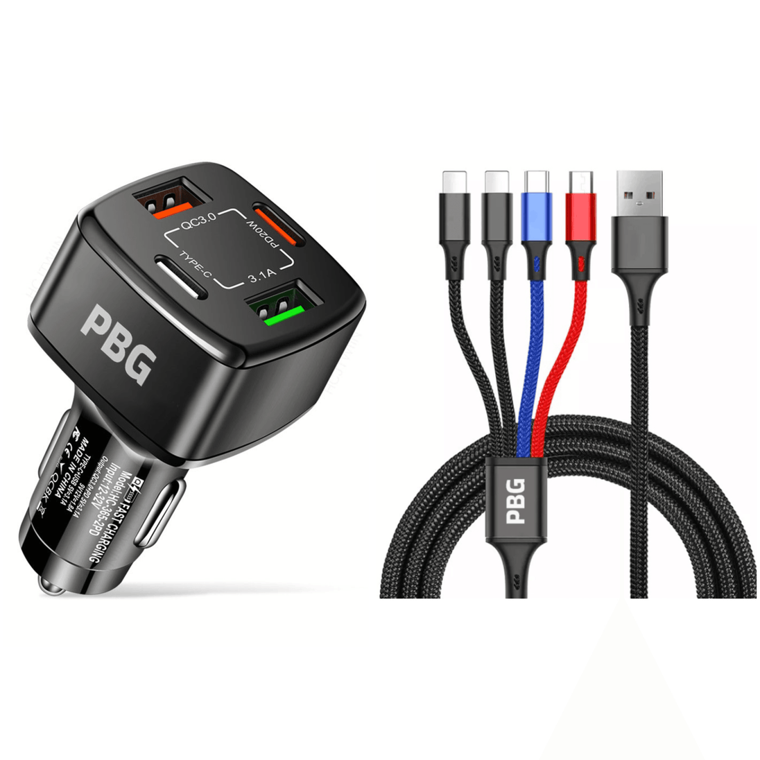PBG 4 Port  PD/USB Car Charger and 4 in 1 Nylon Cable Bundle - PremiumBrandGoods