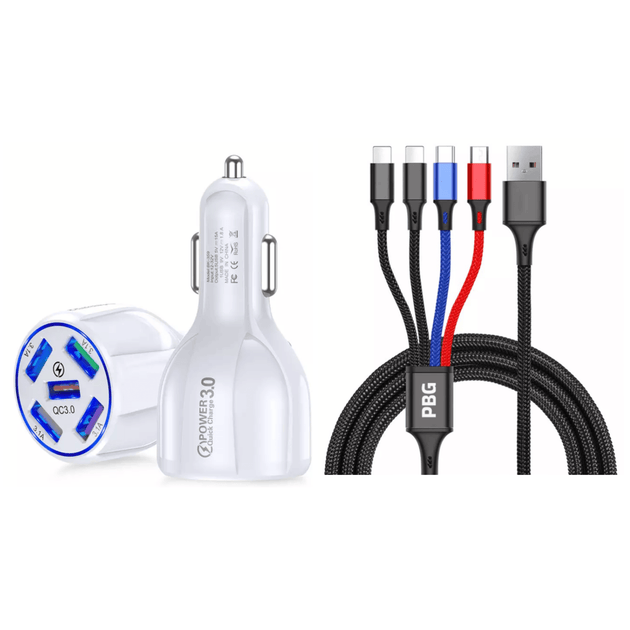 PBG 5 Port LED Car Charger and 4 in 1 Nylon 4 FT Charging Cable Bundle - PremiumBrandGoods