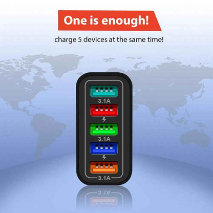 PBG White 5-Port LED Wall Charger & 3-in-1 Nylon Braided Fast Charging Cable