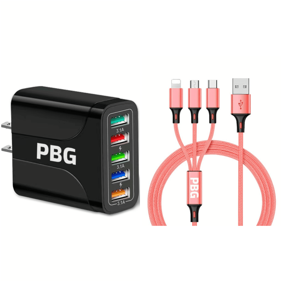 Pink iPhone cable | Pink 3 in 1 cable for fast charge multiple device at once with 5 port led light usb charger