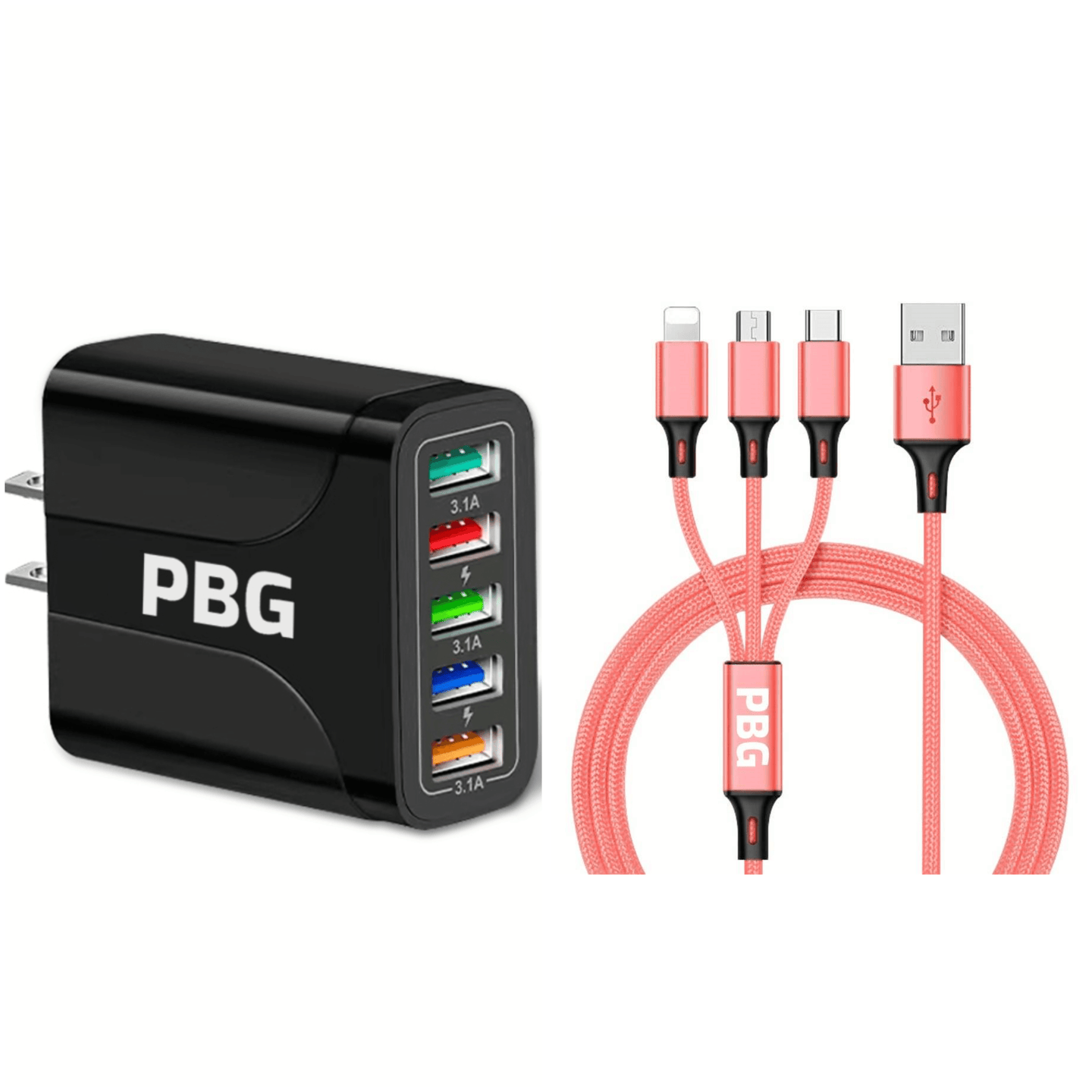 Pink iPhone cable | Pink 3 in 1 cable for fast charge multiple device at once with 5 port led light usb charger