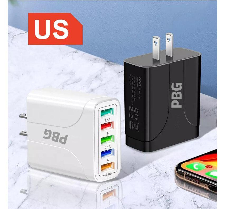 PBG 5 Port LED Wall Charger and 3 in 1 Nylon Charging Cable Bundle - PremiumBrandGoods
