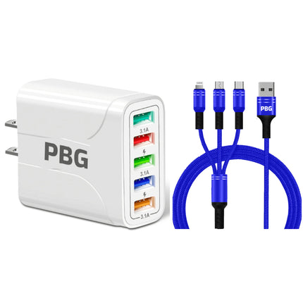 White Led 5 Port wall charger and 3 in 1 Blue charging cable with (Micro USB, USB-C, iPhone) cable