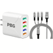 White Led 5 Port wall charger and 3 in 1 Silver charging cable with (Micro USB, USB-C, iPhone) cable