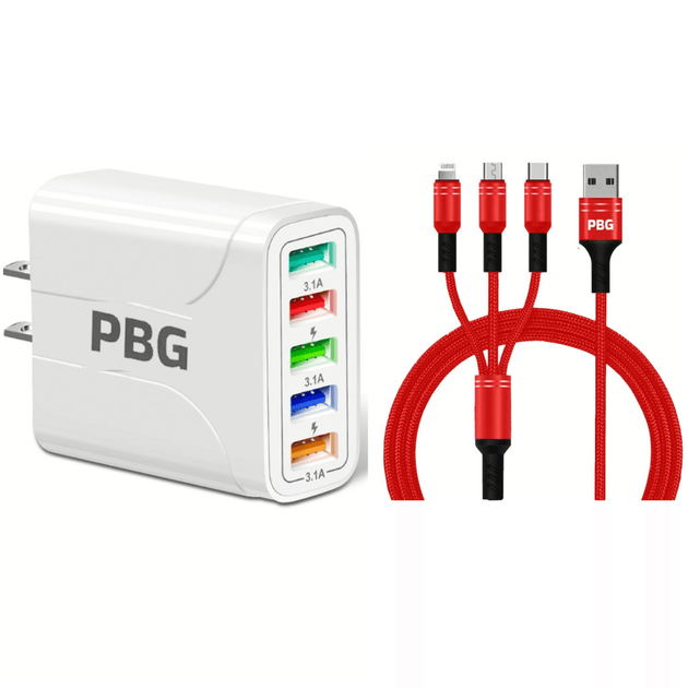 White Led 5 Port wall charger and 3 in 1 Red charging cable with (Micro USB, USB-C, iPhone) cable