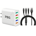 White Led 5 Port wall charger and 3 in 1 Black charging cable with (Micro USB, USB-C, iPhone) cable