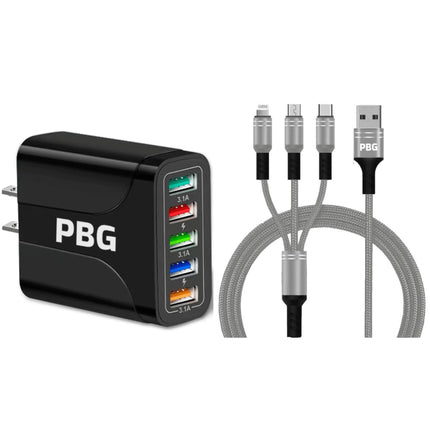 Silver charging cable for iPhone and Android with 5-Port LED Wall Charger 3.0