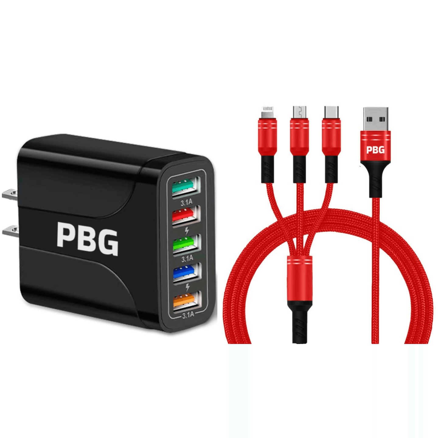 Red Nylon Braided 3 in 1 charging cable for iPhone and Android with 5-Port LED Wall Charger 3.0