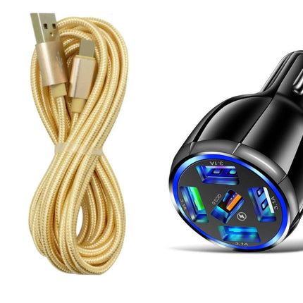 Black 5-Port USB Fast Car Charger with LED, 10FT iPhone Cable - Quick Charge 3.0