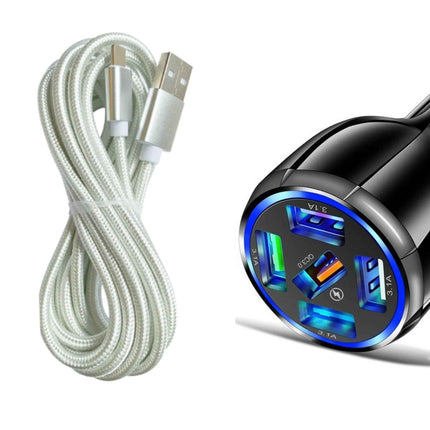 Black 5-Port USB Fast Car Charger with LED, 10FT iPhone Cable - Quick Charge 3.0