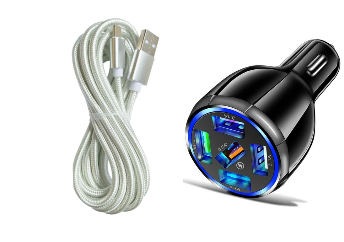 white 5-Port USB Fast Car Charger with LED | 10ft iPhone Cable