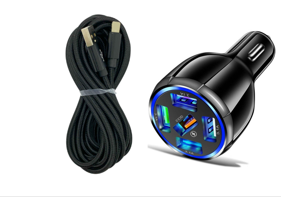 PBG 5 Port USB Fast Car Charger with LED Display and 10 FT XL Charger Compatible for Iphone USB Cable - PremiumBrandGoods