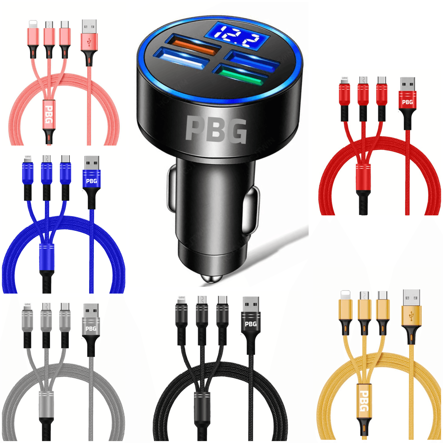 PBG LED 4 Port Car Charger Voltage Display and 3 in 1 Cable Bundle - PremiumBrandGoods