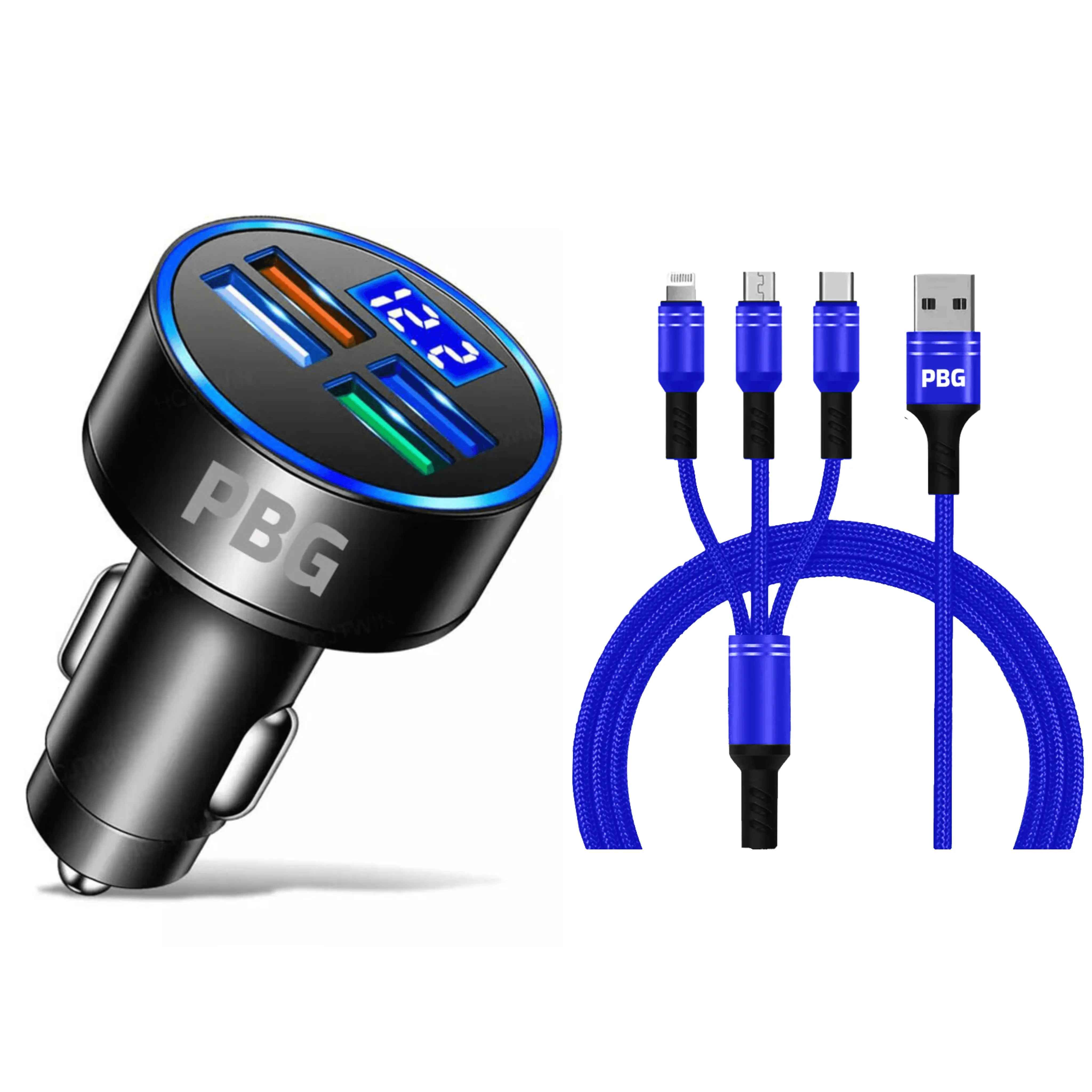 PBG LED 4 Port Car Charger Voltage Display and 3 in 1 Cable Bundle