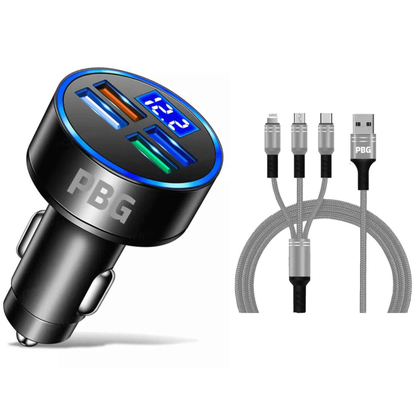 PBG LED 4 Port Car Charger Voltage Display and 3 in 1 Cable Bundle