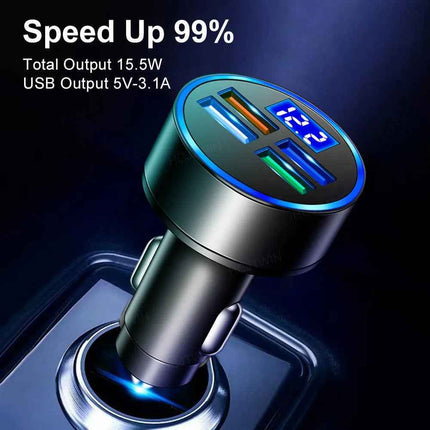 PBG LED 4 Port Car Charger Voltage Display and 3 in 1 Cable Bundle